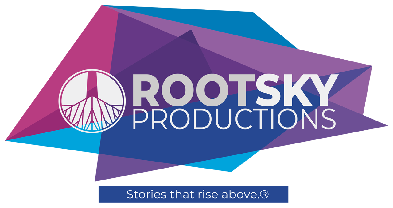 root sky logo white with cool geometric patterns and tagline